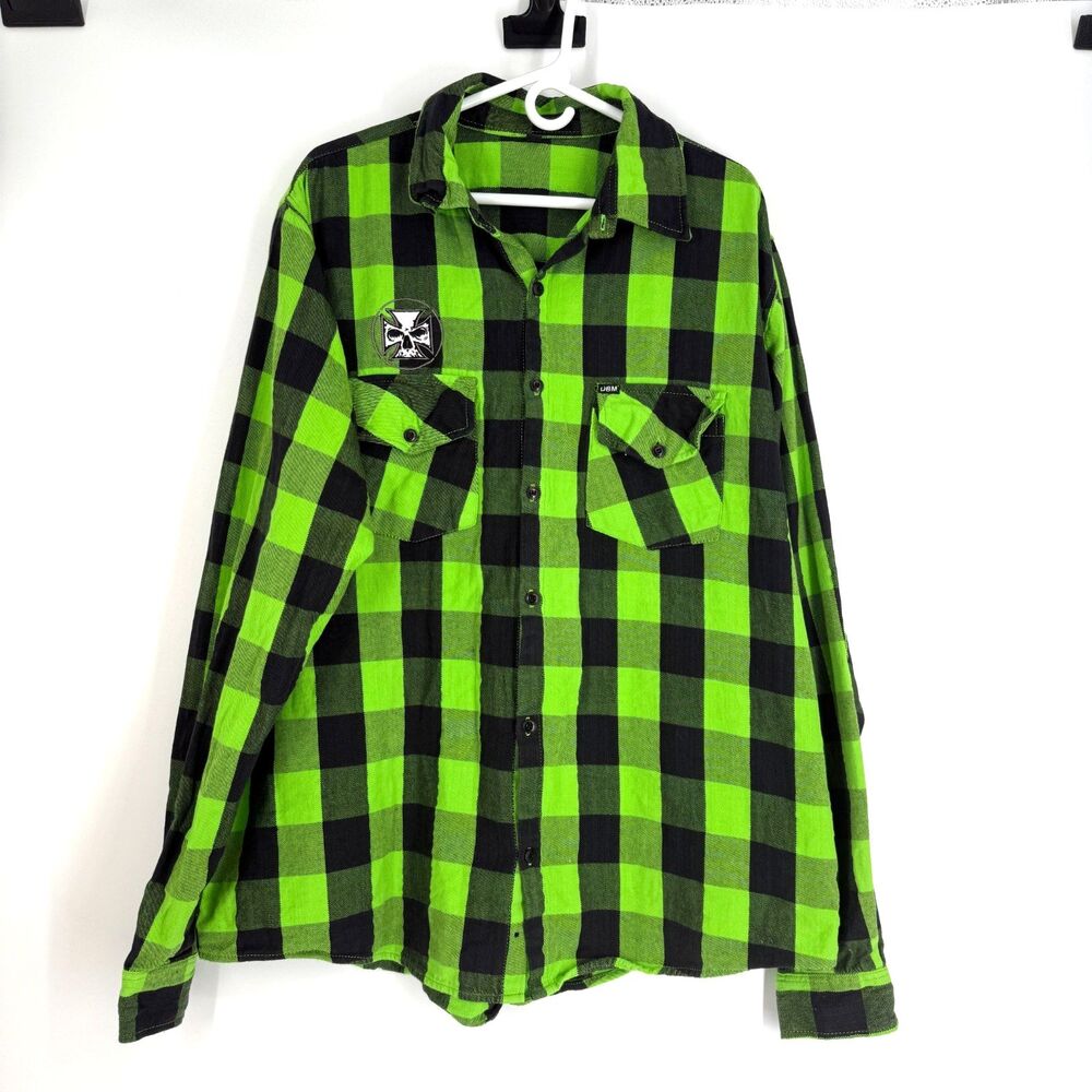 Demons Behind Me Flannel Shirt XXL Tall Green Plaid Skull Embroidered Grunge